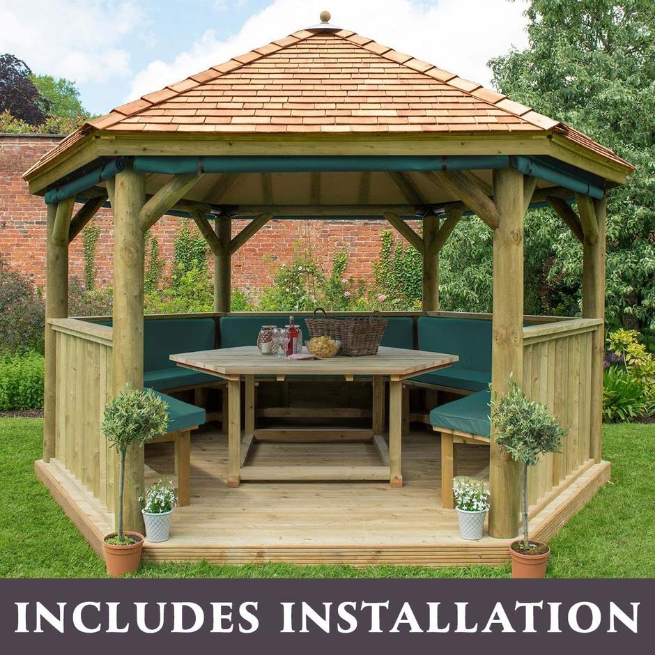 Buy Furnished Cedar Tiled Roof Hexagonal 4m Gazebo by Forest Garden