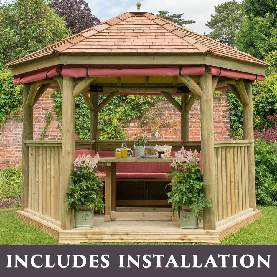 Buy Furnished Cedar Tiled Roof Hexagonal 3.6m Gazebo by Forest Garden